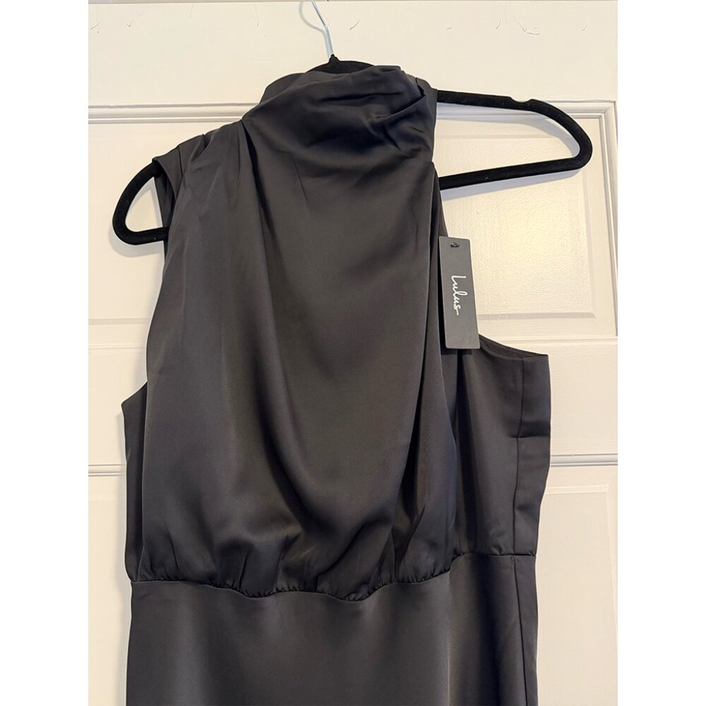 Lulus Black Satin Asymmetrical Midi Dress - Size M - Picture 3 of 4